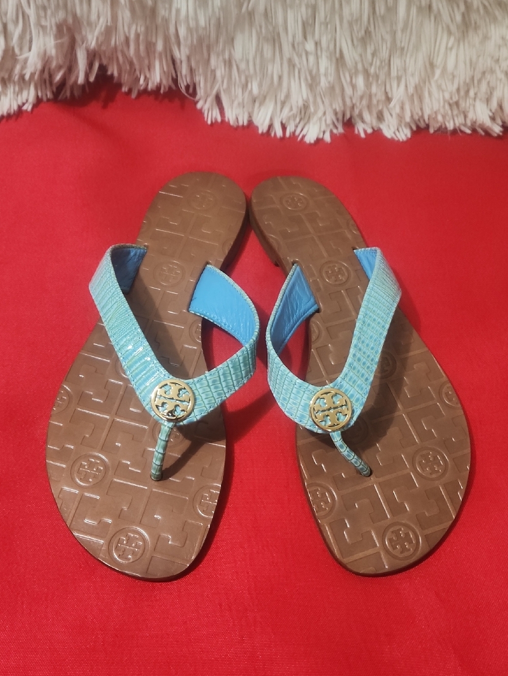 Tory Burch Women’s Brown Flip Flops with Blue Straps